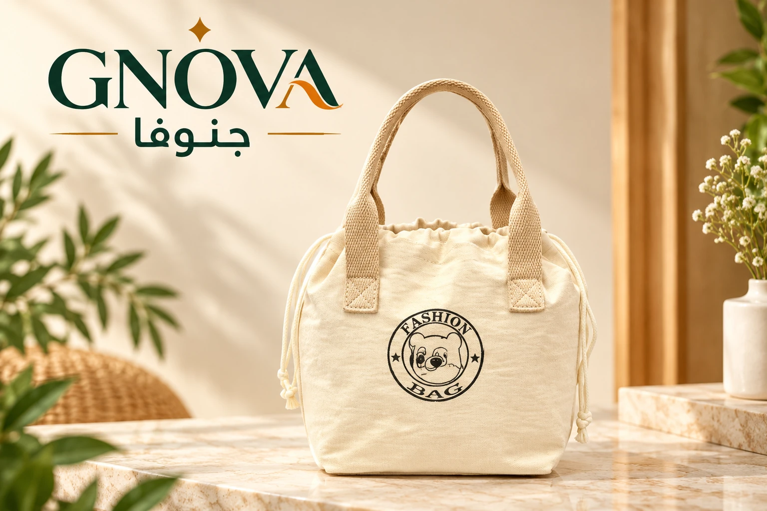 GNOVA beige tote bag — complete product and bilingual brand image